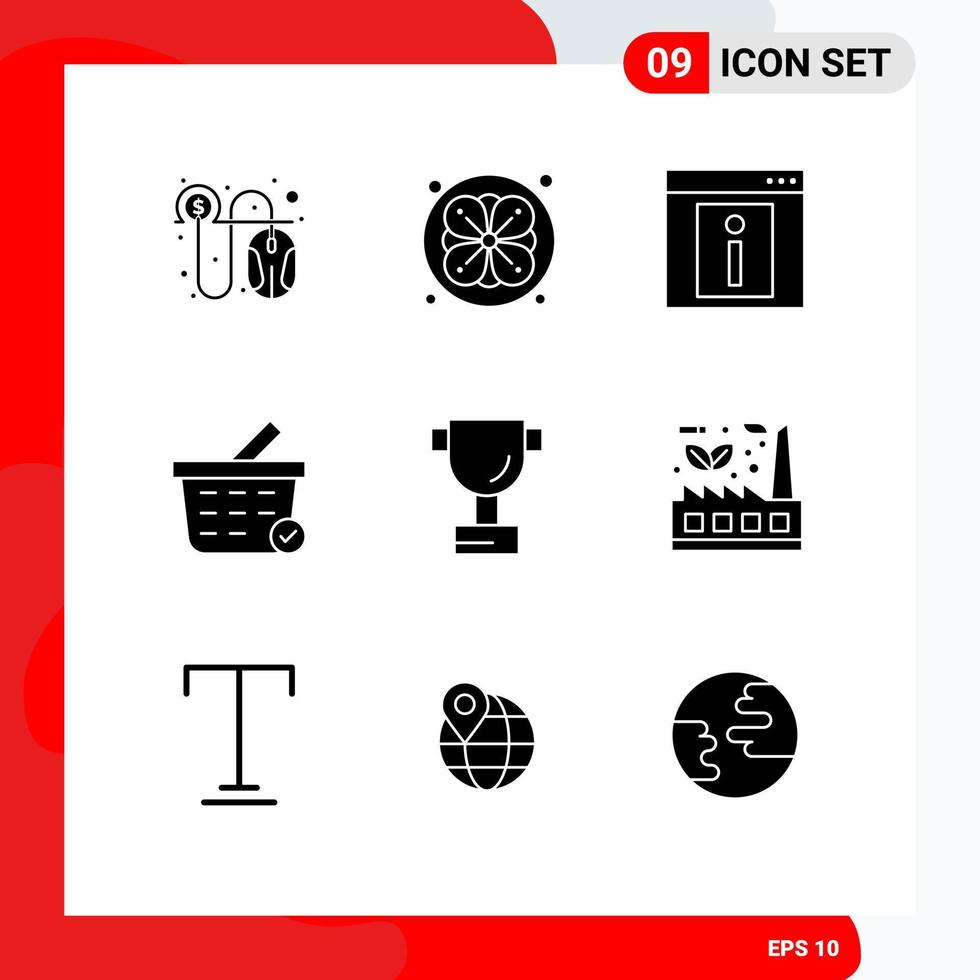 9 Solid Glyph concept for Websites Mobile and Apps leaf cup info shopping cart buy Editable Vector Design Elements