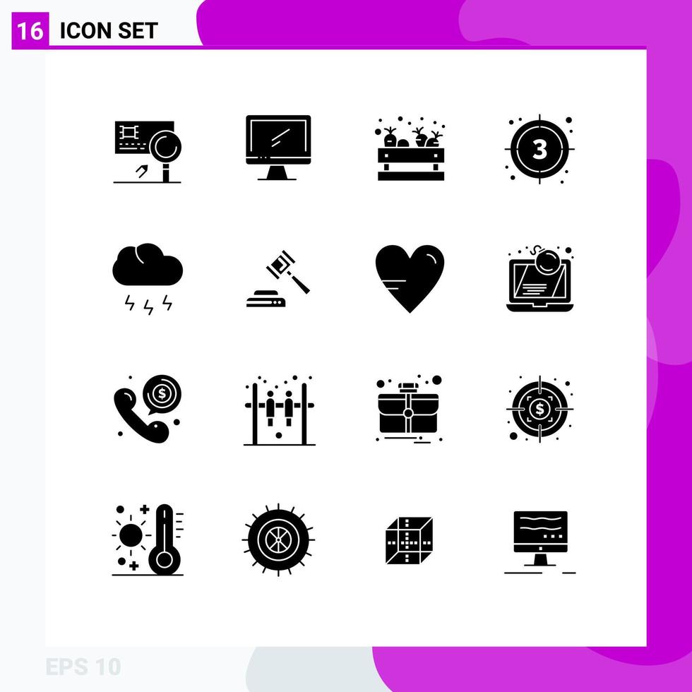 Set of 16 Vector Solid Glyphs on Grid for start film imac countdown supermarket Editable Vector Design Elements