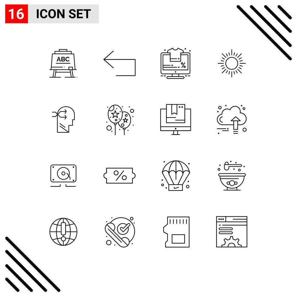 Stock Vector Icon Pack of 16 Line Signs and Symbols for brian mental chang monitor sunset sun Editable Vector Design Elements