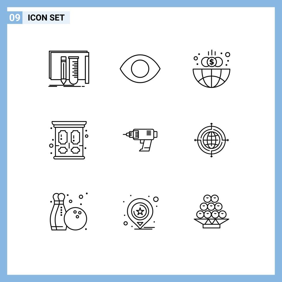 Outline Pack of 9 Universal Symbols of drill wardrobe vision vintage globe Editable Vector Design Elements