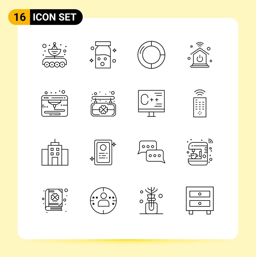 Pack of 16 Modern Outlines Signs and Symbols for Web Print Media such as web internet of things medical intelligent home pie Editable Vector Design Elements