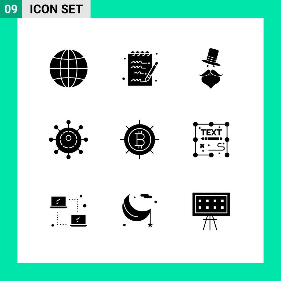 Editable Vector Line Pack of 9 Simple Solid Glyphs of creative money movember bitcoin networking Editable Vector Design Elements
