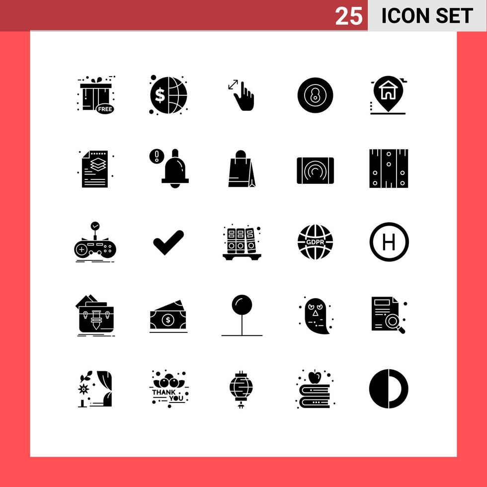 Mobile Interface Solid Glyph Set of 25 Pictograms of sport baseball global ball magnification Editable Vector Design Elements