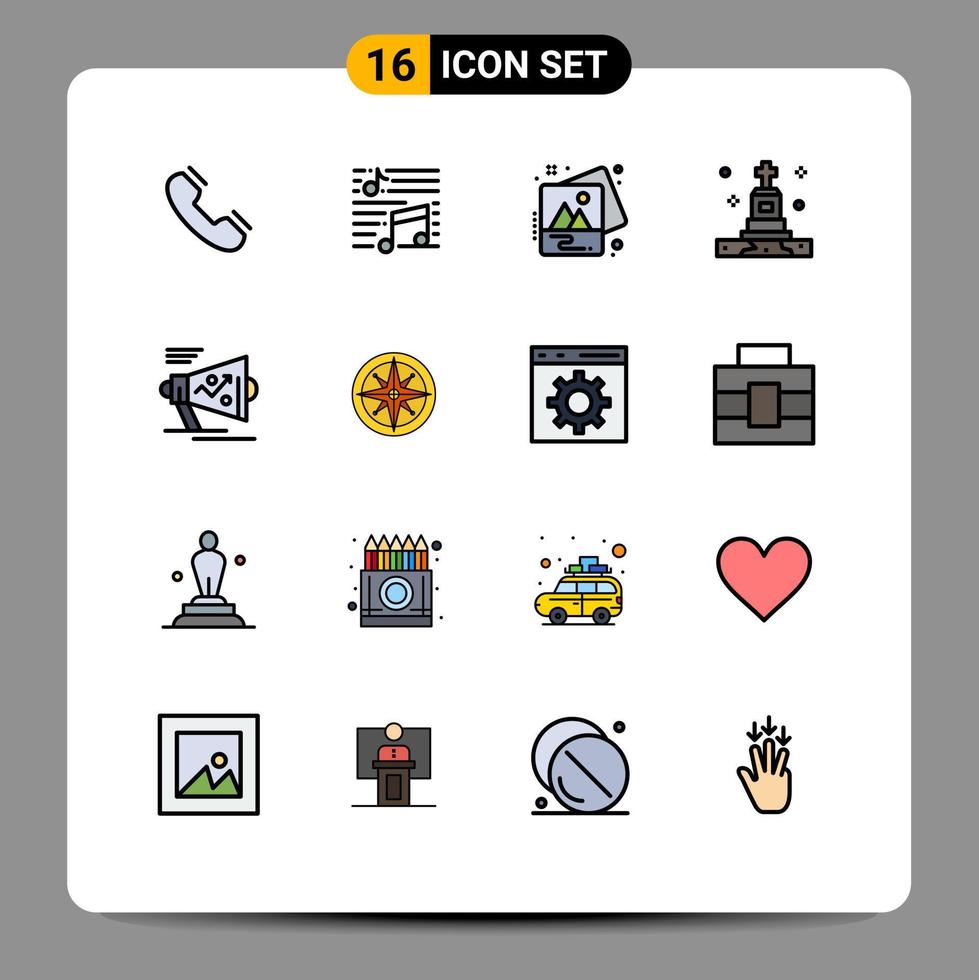 conjunto moderno de 16 líneas y símbolos rellenos de colores planos, como la imagen de la muerte de la canción funeraria de la tumba, elementos de diseño de vectores creativos editables