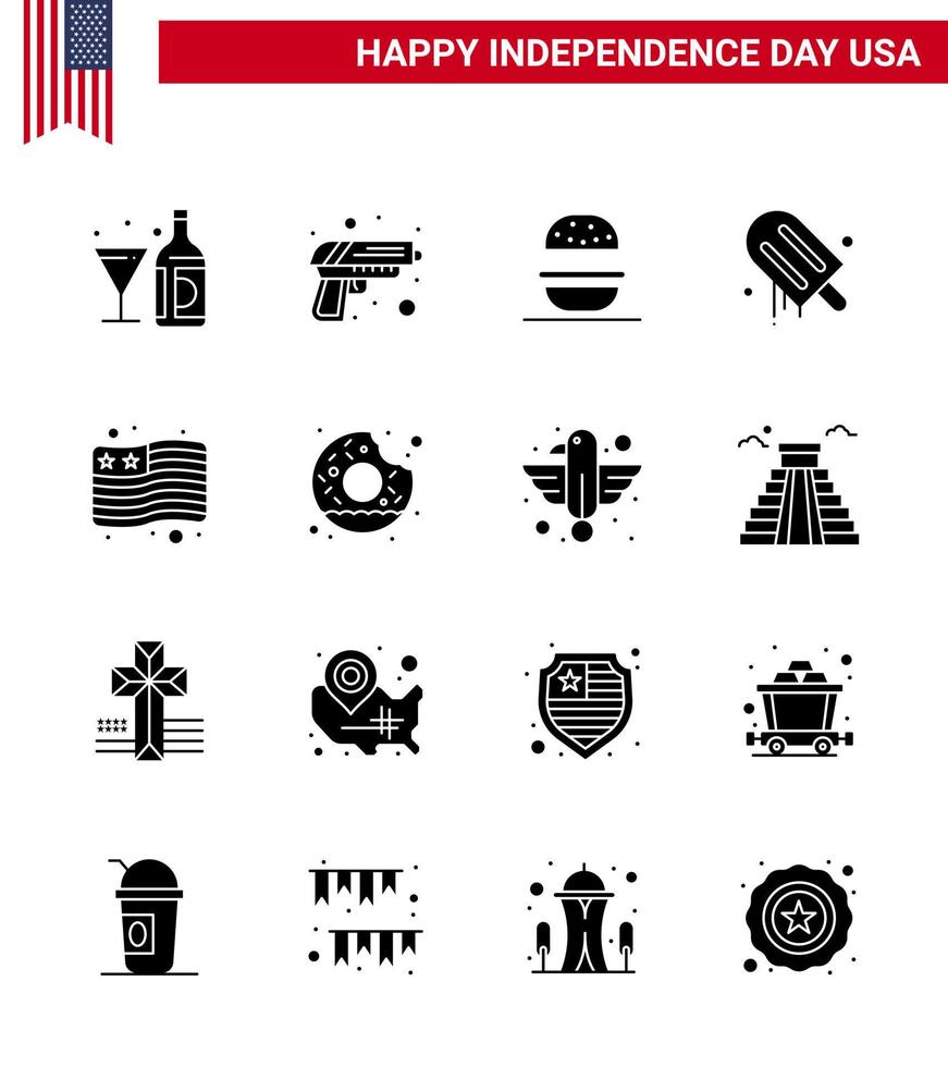 Happy Independence Day 4th July Set of 16 Solid Glyphs American Pictograph of country american weapon cream usa Editable USA Day Vector Design Elements