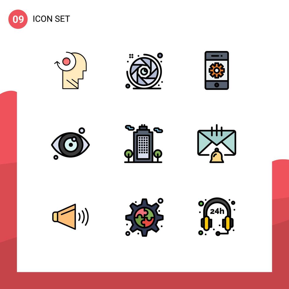 Universal Icon Symbols Group of 9 Modern Filledline Flat Colors of cology eye test cell eye smartphone Editable Vector Design Elements