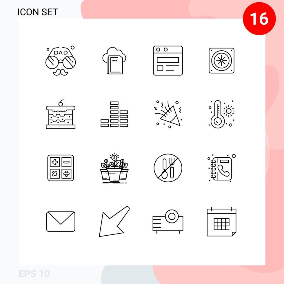 16 Thematic Vector Outlines and Editable Symbols of cake bakery computing fan computer Editable Vector Design Elements