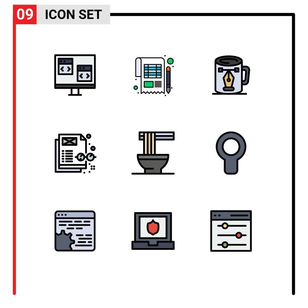 conjunto de pictogramas de 9 colores planos de línea rellena simple de nodos de hoja de concepto de gestión de contenido que dibujan elementos de diseño vectorial editables vector