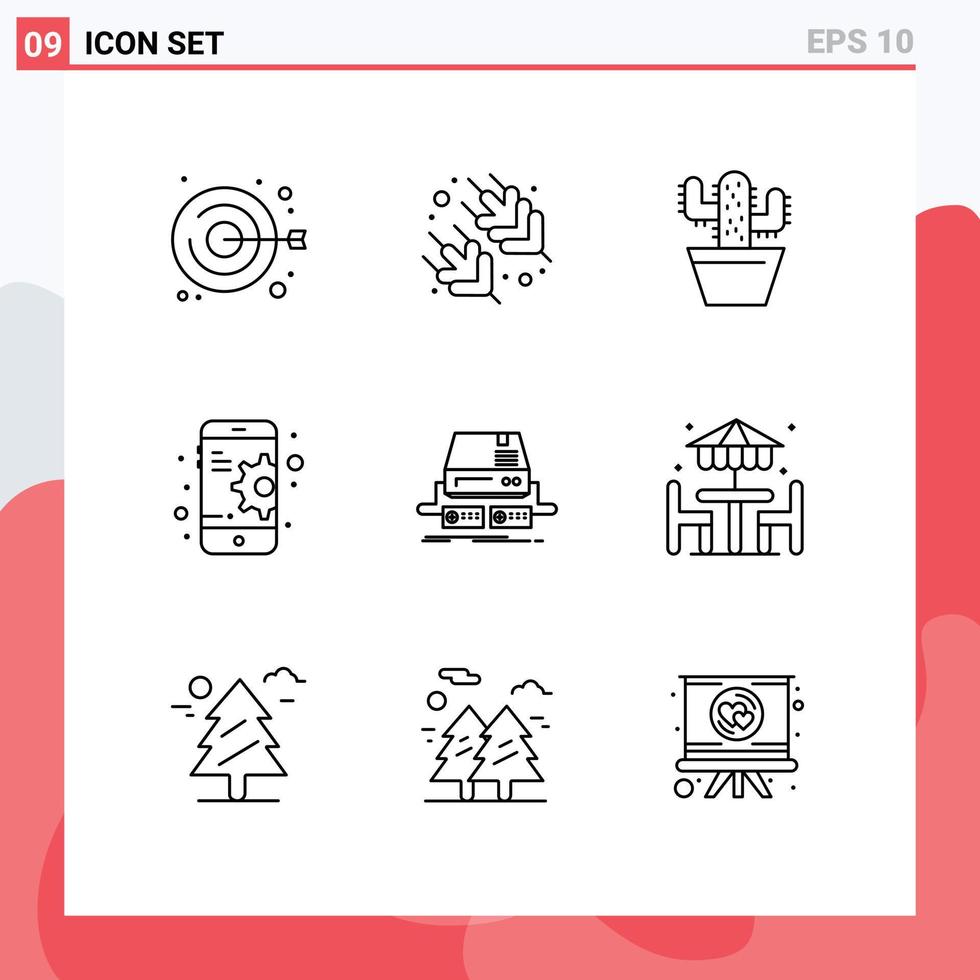 Group of 9 Modern Outlines Set for pad game nature console gear Editable Vector Design Elements