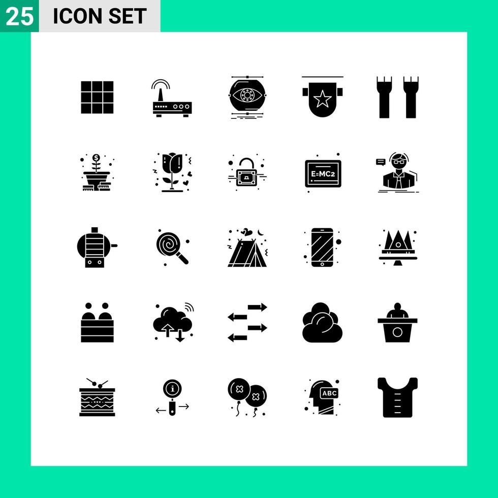 Editable Vector Line Pack of 25 Simple Solid Glyphs of castle ribbon conception insignia badge Editable Vector Design Elements