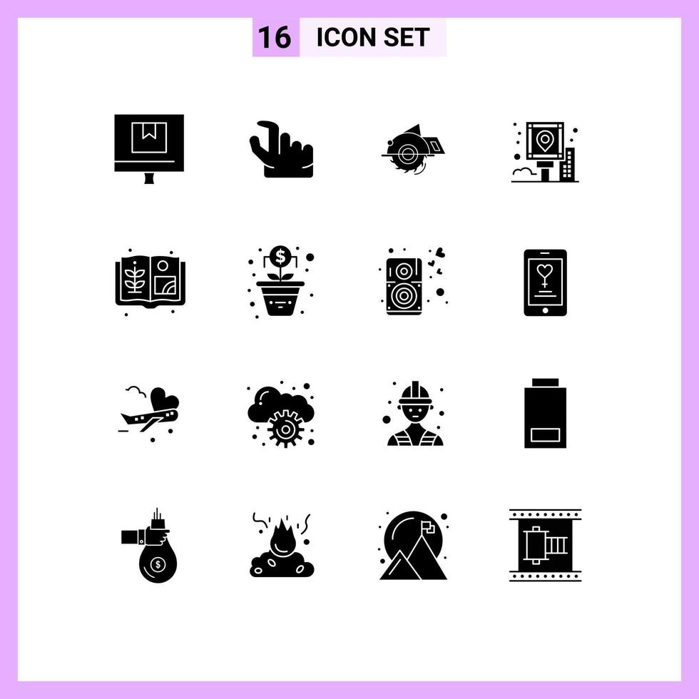 Modern Set of 16 Solid Glyphs and symbols such as route navigation saw guide repair Editable Vector Design Elements