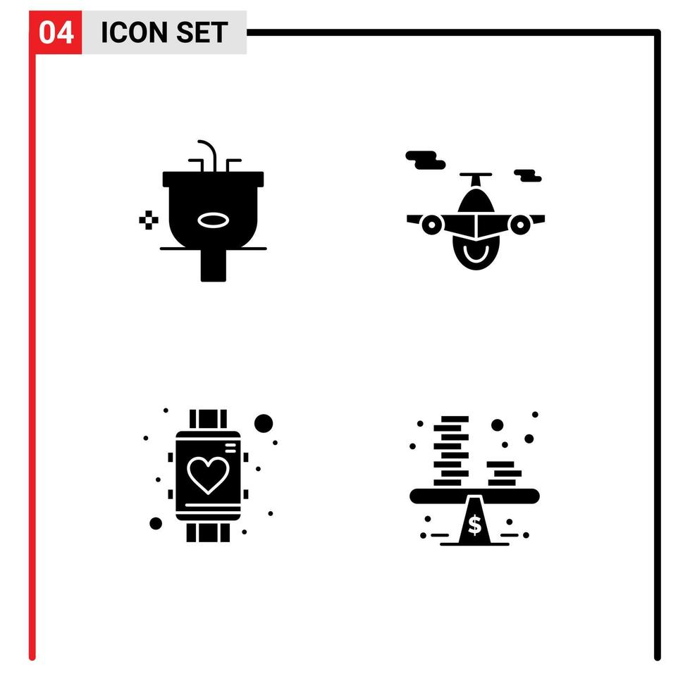 Editable Vector Line Pack of 4 Simple Solid Glyphs of basin heart shower plane smart Editable Vector Design Elements