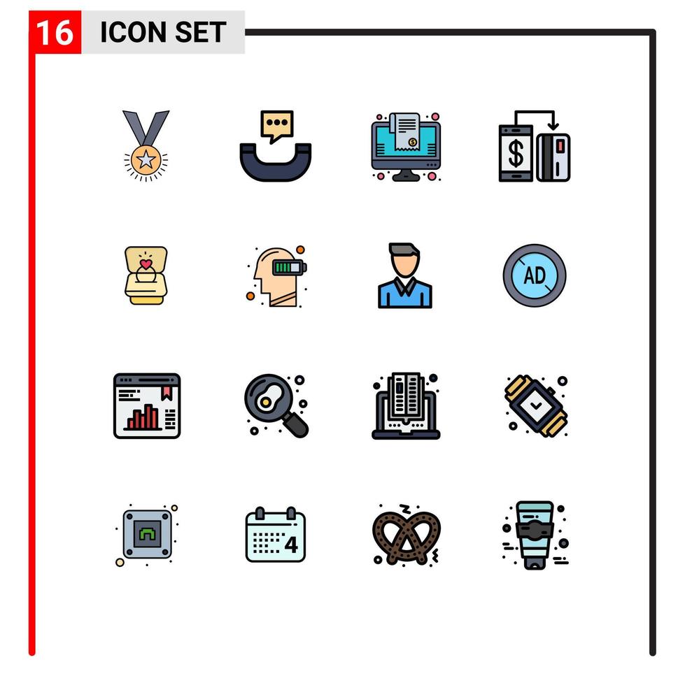 Pack of 16 Modern Flat Color Filled Lines Signs and Symbols for Web Print Media such as smartphone machine sms digital online shopping Editable Creative Vector Design Elements