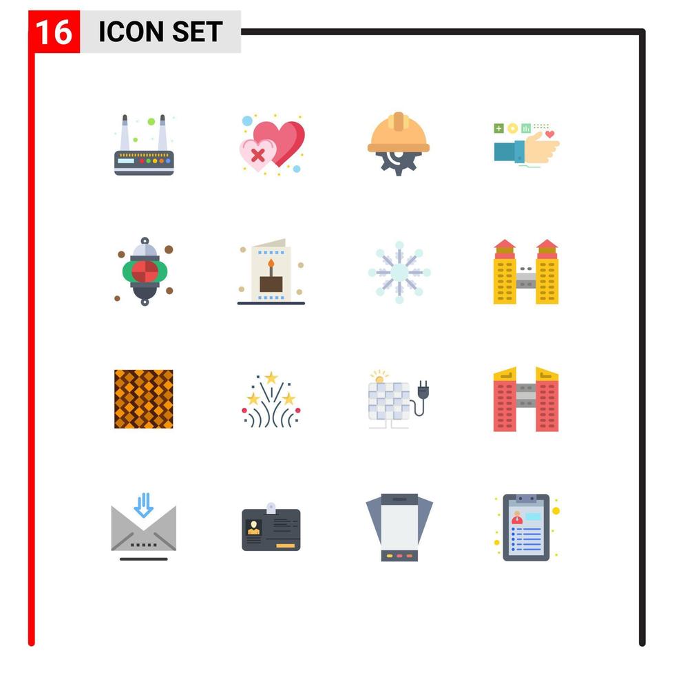 Pack of 16 Modern Flat Colors Signs and Symbols for Web Print Media such as lantern heart day fitness monitoring Editable Pack of Creative Vector Design Elements