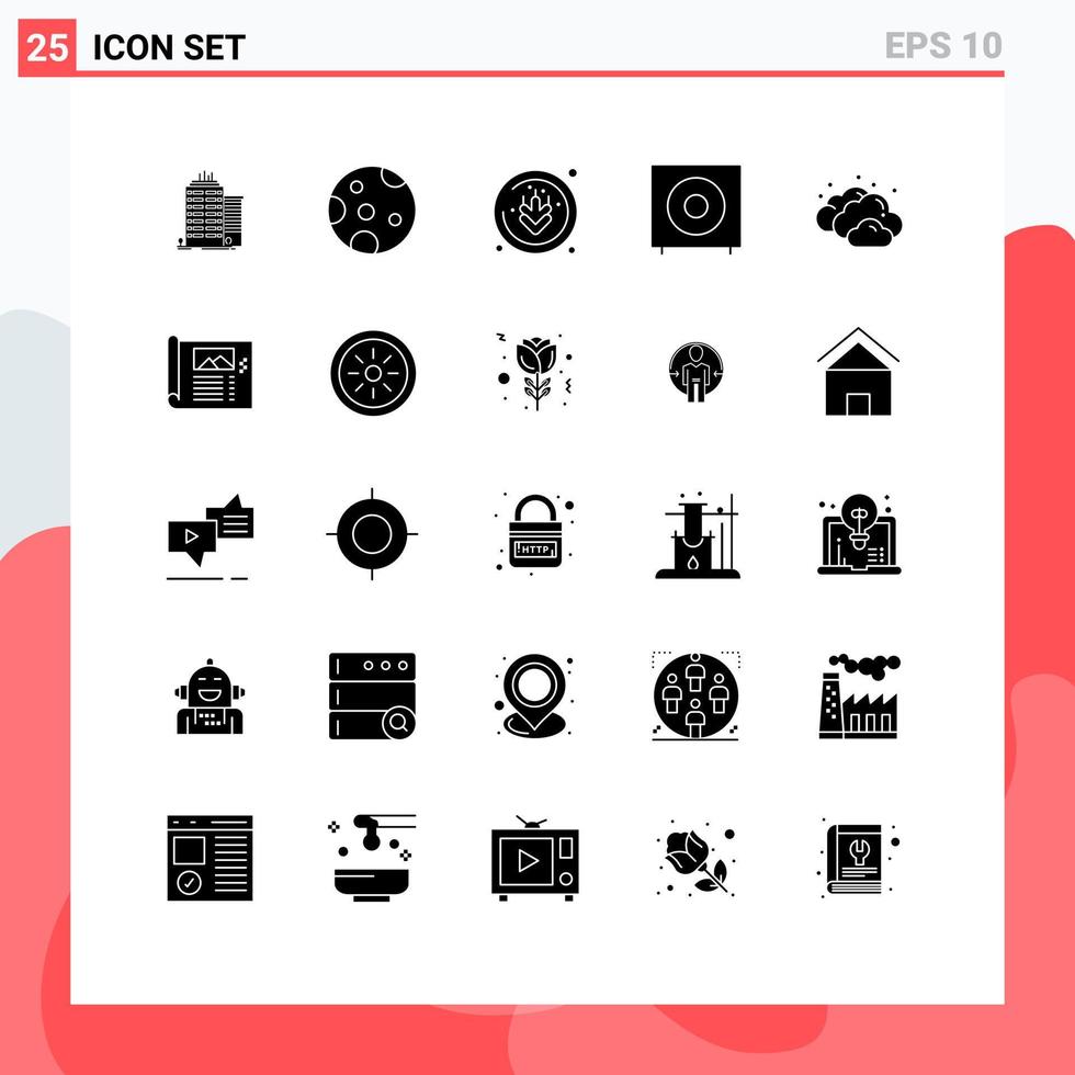 25 Universal Solid Glyph Signs Symbols of weather cloud gluten subwoofer electronics Editable Vector Design Elements
