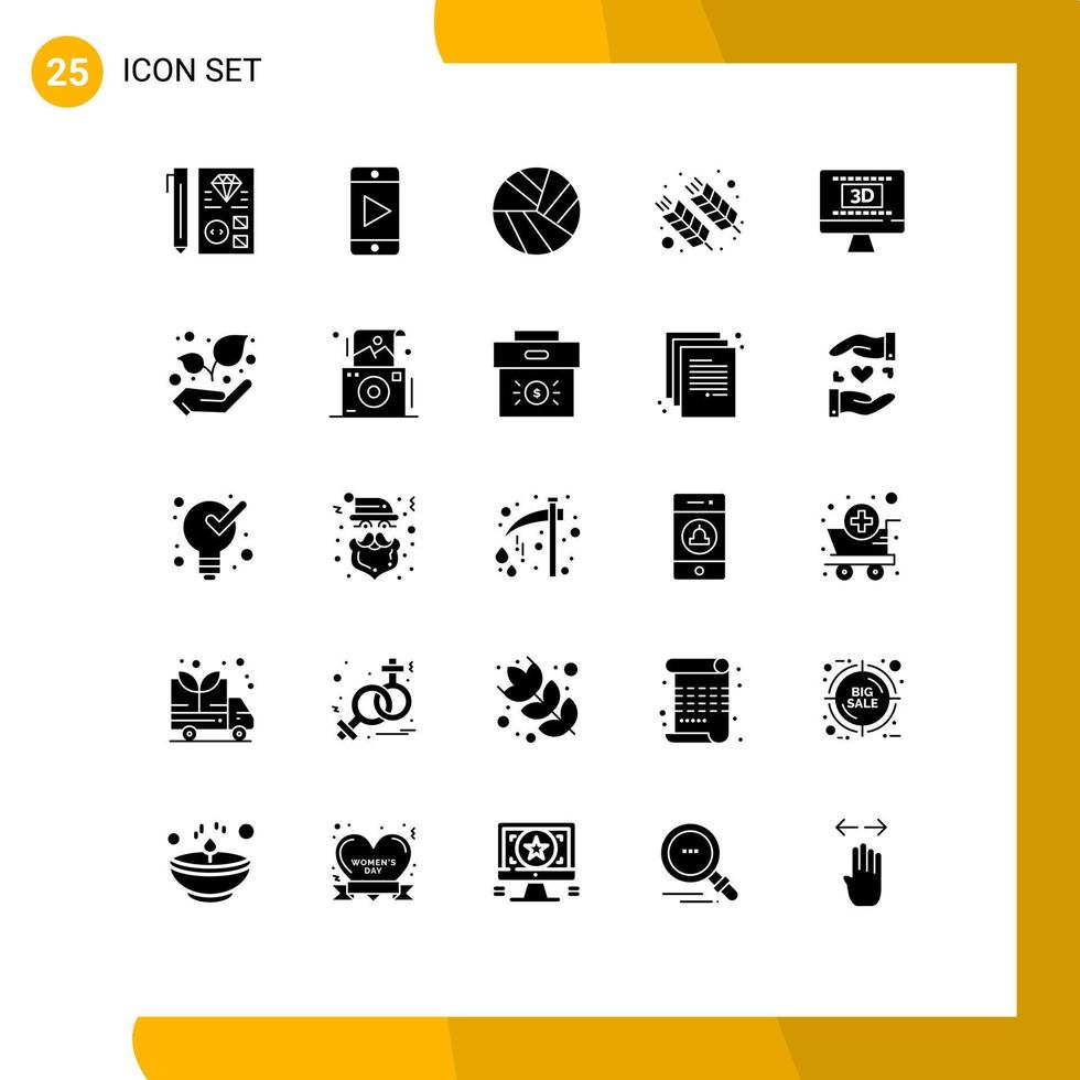 Group of 25 Solid Glyphs Signs and Symbols for entertaiment wheat ball india farm Editable Vector Design Elements