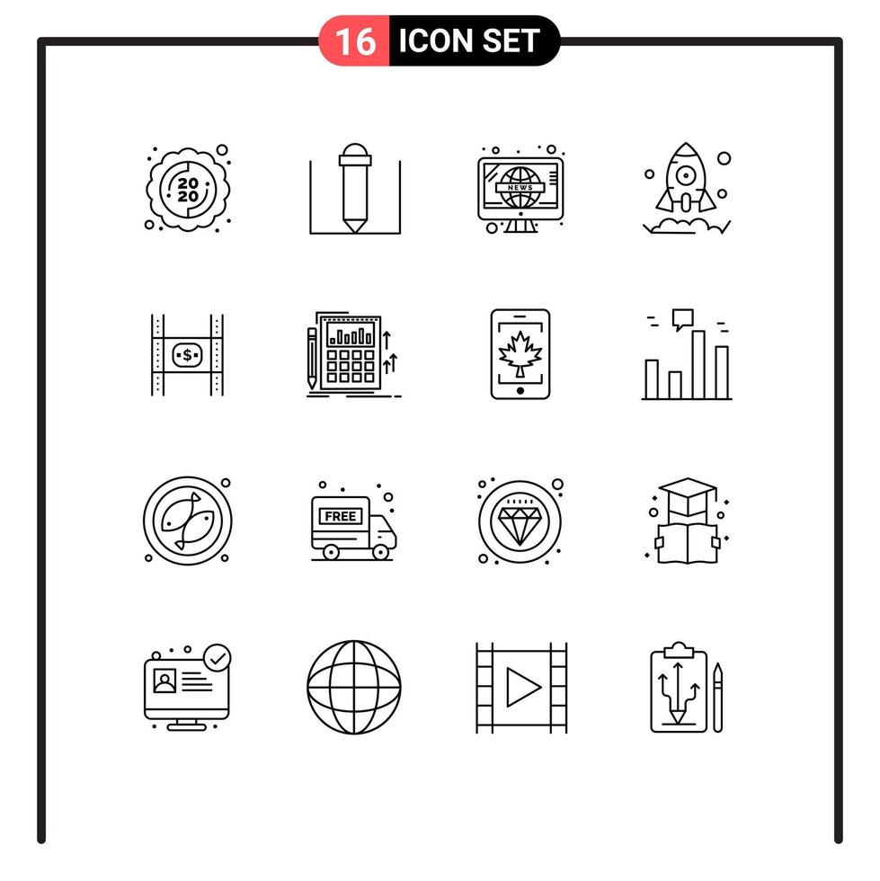 Set of 16 Commercial Outlines pack for movie film television costs rocket Editable Vector Design Elements