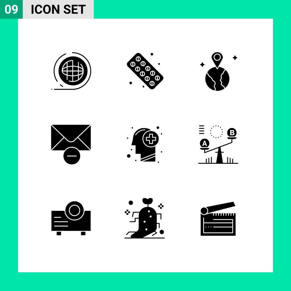 conjunto de 9 iconos de interfaz de usuario modernos signos de símbolos para mensaje de tableta de cabeza humana eliminar elementos de diseño de vector editables