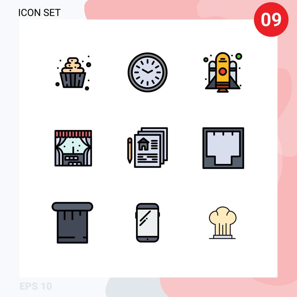 Filledline Flat Color Pack of 9 Universal Symbols of home blueprint wall clock window building Editable Vector Design Elements