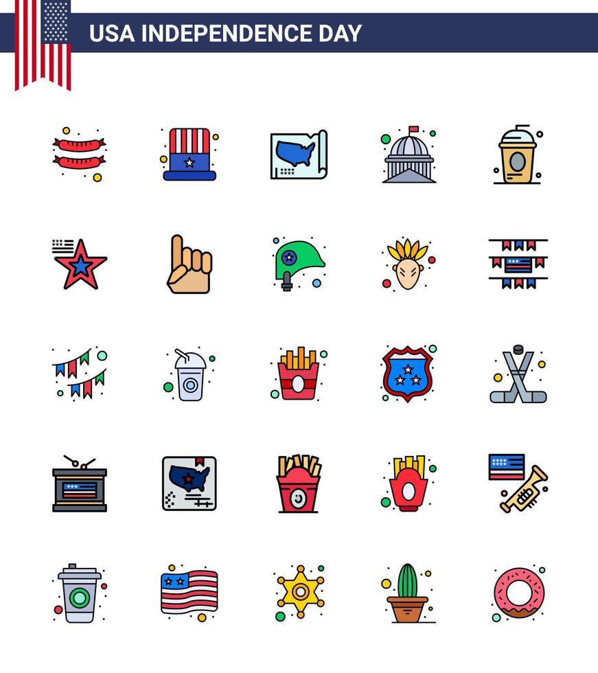 paquete de líneas planas llenas de 25 símbolos del día de la independencia de estados unidos de estados unidos cole white house elementos de diseño vectorial editables del día de estados unidos vector