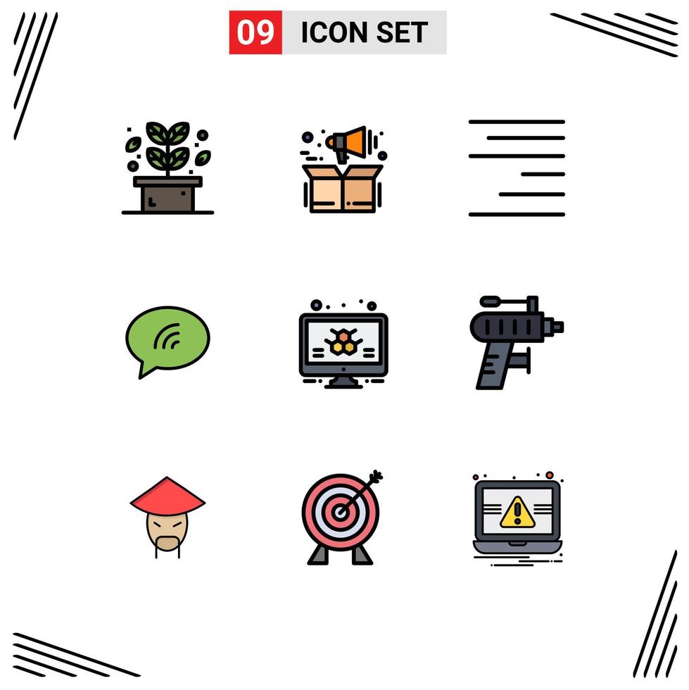 9 Universal Filledline Flat Color Signs Symbols of monitor atom align sand chat Editable Vector Design Elements