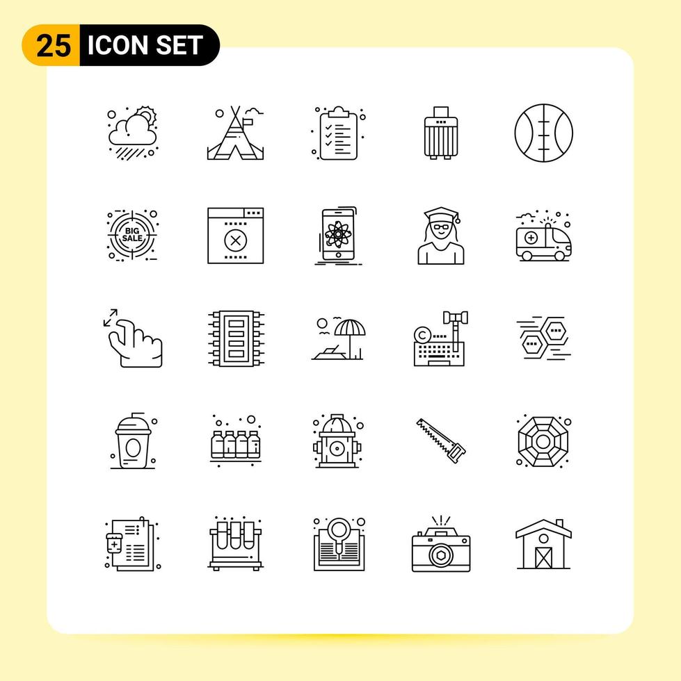 25 Line concept for Websites Mobile and Apps target baseball web buy luggage Editable Vector Design Elements