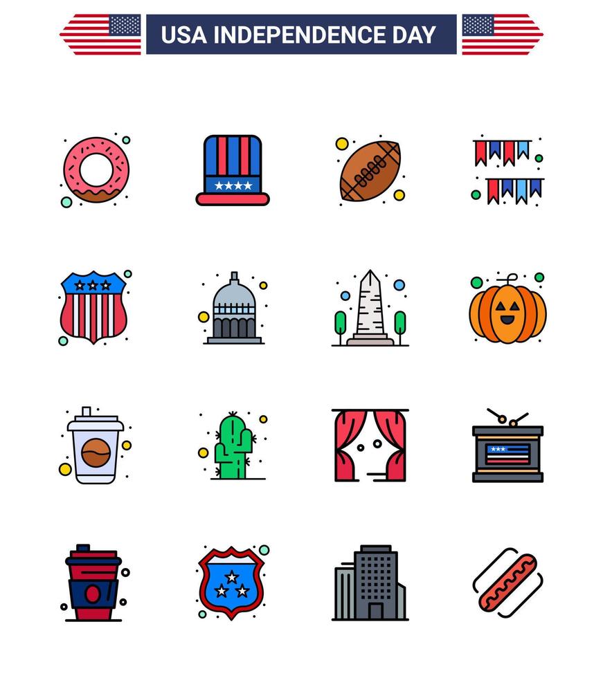 16 estados unidos línea plana llena signos celebración del día de la independencia símbolos de investigar fiesta rugby decoración guirnalda editable día de estados unidos elementos de diseño vectorial vector