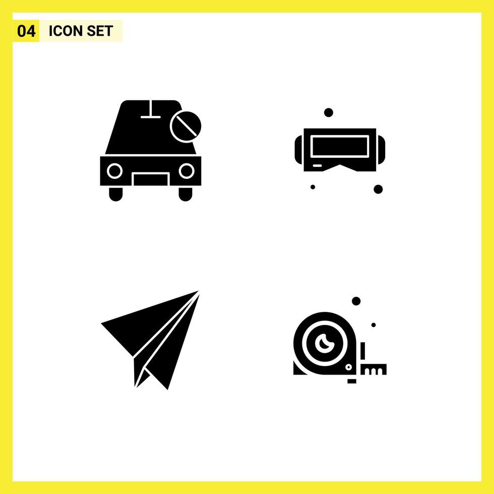 Universal Icon Symbols Group of 4 Modern Solid Glyphs of car paper off glasses plane Editable Vector Design Elements