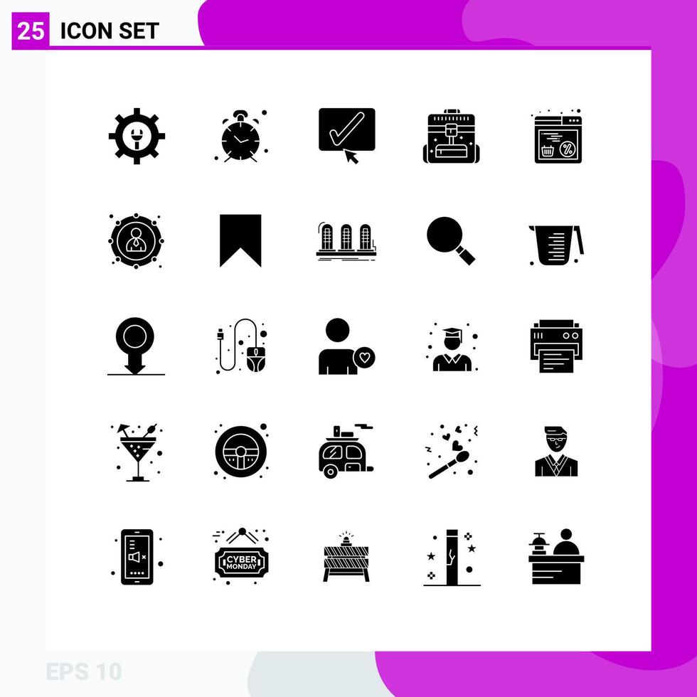 25 Universal Solid Glyph Signs Symbols of online travel approve office briefcase Editable Vector Design Elements