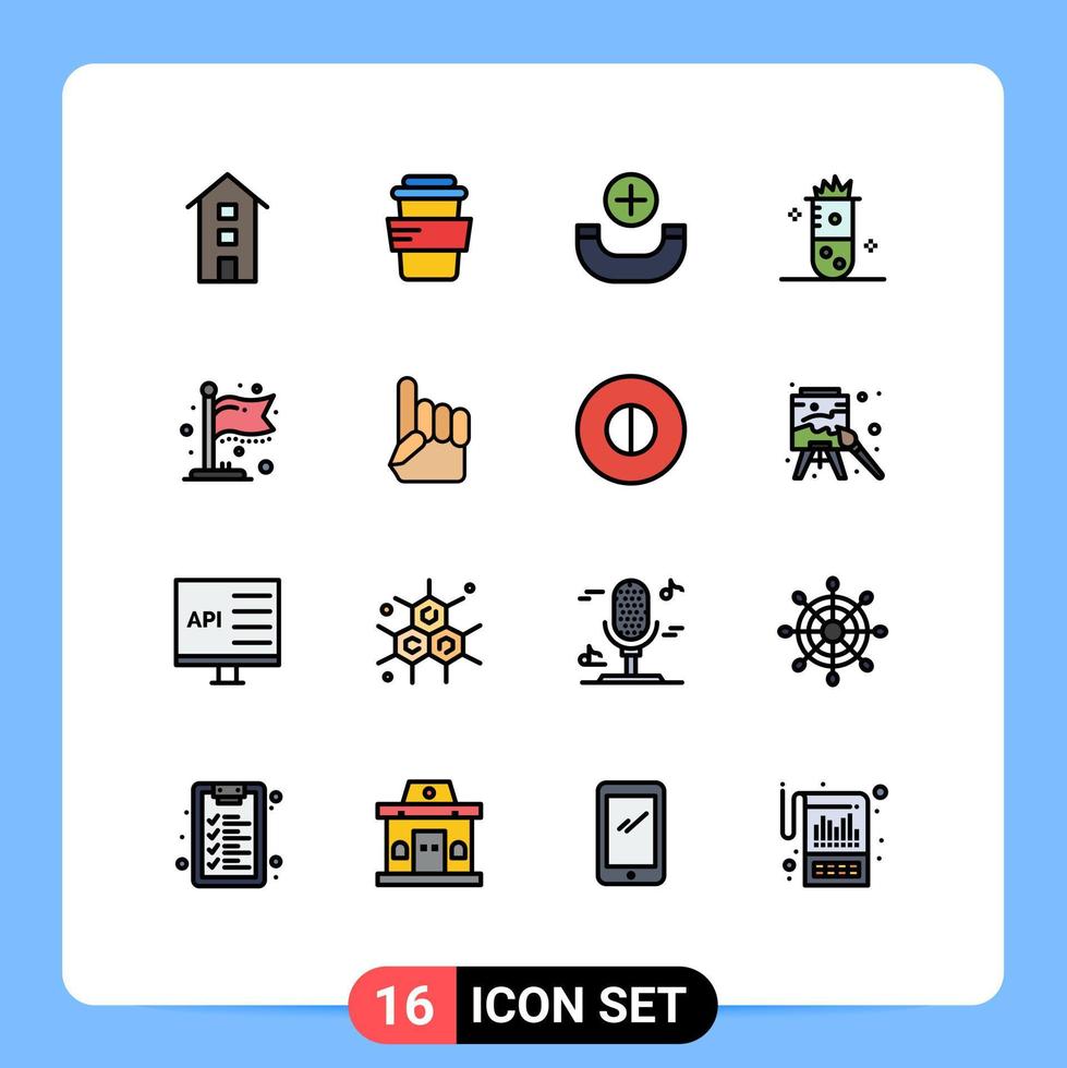 16 User Interface Flat Color Filled Line Pack of modern Signs and Symbols of flag nuclear fusion call nuclear fission chemical reaction Editable Creative Vector Design Elements