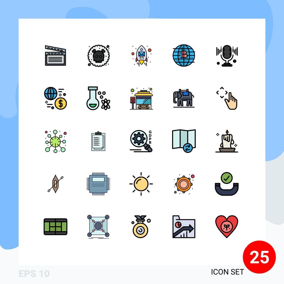 Modern Set of 25 Filled line Flat Colors Pictograph of microphone decentralized email currency future of money Editable Vector Design Elements