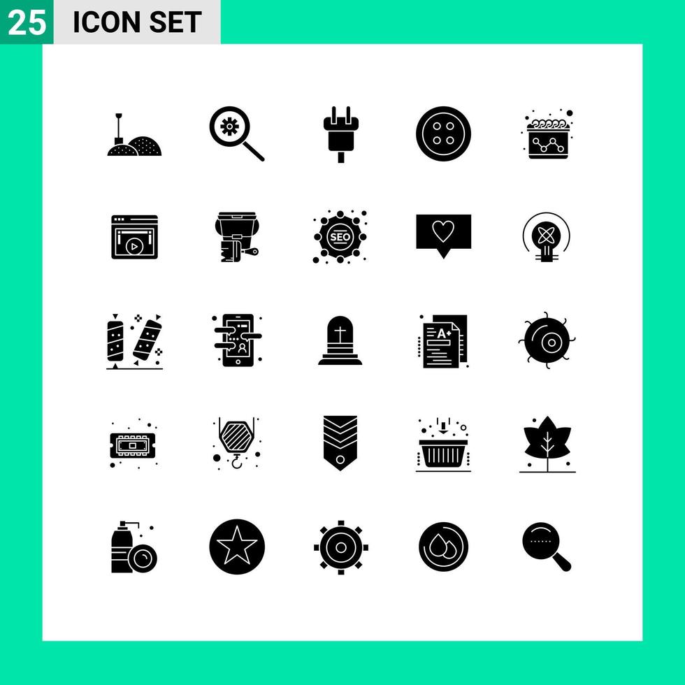 Set of 25 Commercial Solid Glyphs pack for page. calendar. cord. advertising. sewing vector