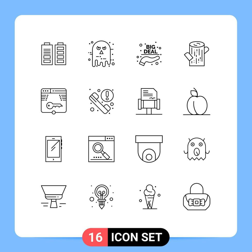 Pictogram Set of 16 Simple Outlines of key. wood. scary. timber. sale vector