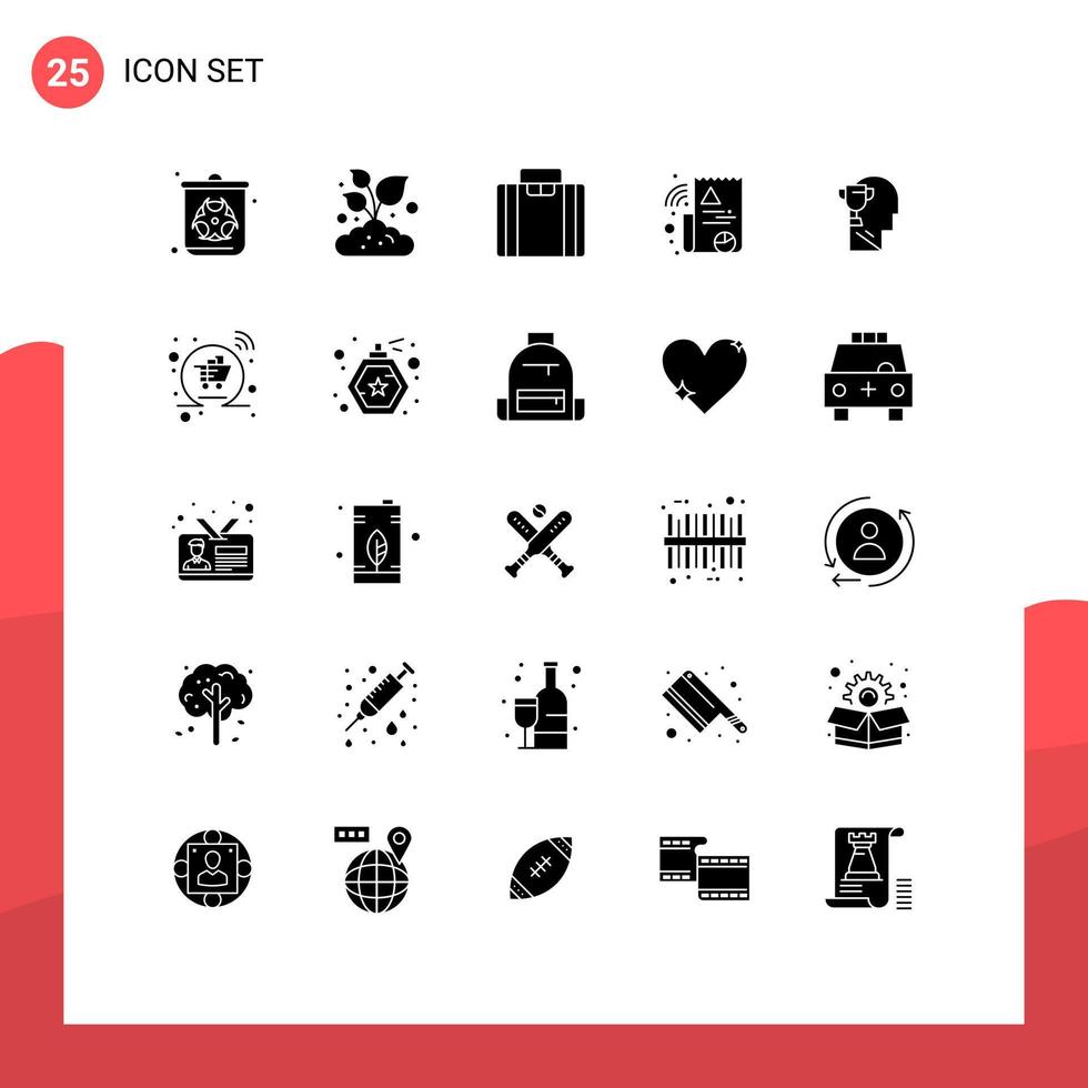 Group of 25 Modern Solid Glyphs Set for head brian briefcase mind graph Editable Vector Design Elements