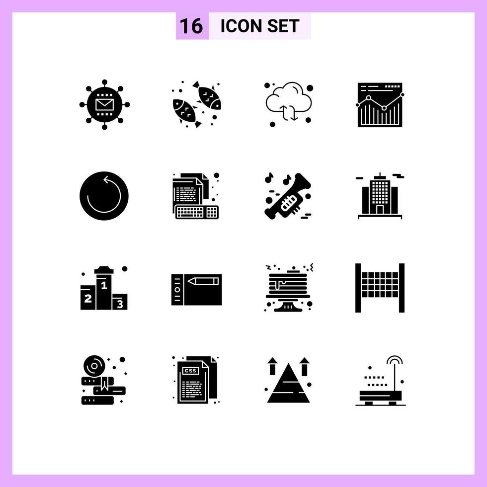 Set of 16 Commercial Solid Glyphs pack for report web nutrition analysis arrow Editable Vector Design Elements