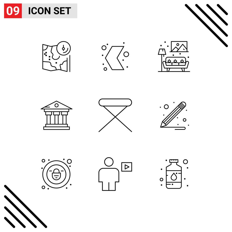 Pictogram Set of 9 Simple Outlines of service building multimedia bank sofa Editable Vector Design Elements