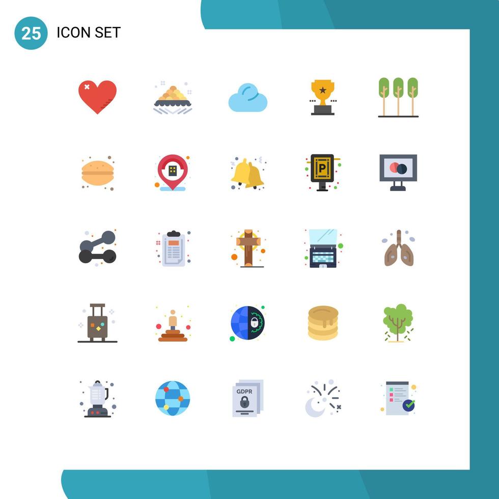 paquete de 25 signos y símbolos de colores planos modernos para medios de impresión web, como el premio de la naturaleza, trofeo abierto, elementos de diseño de vectores editables nublados