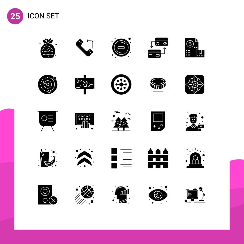 grupo de 25 signos y símbolos de glifos sólidos para factura de dinero menos elementos de diseño de vectores editables sin efectivo en efectivo