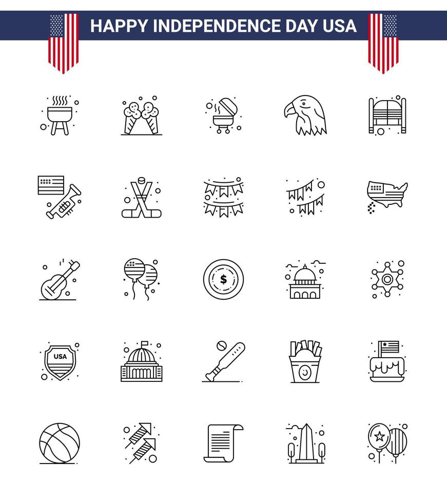 Editable Vector Line Pack of USA Day 25 Simple Lines of day doors bbq bar eagle Editable USA Day Vector Design Elements