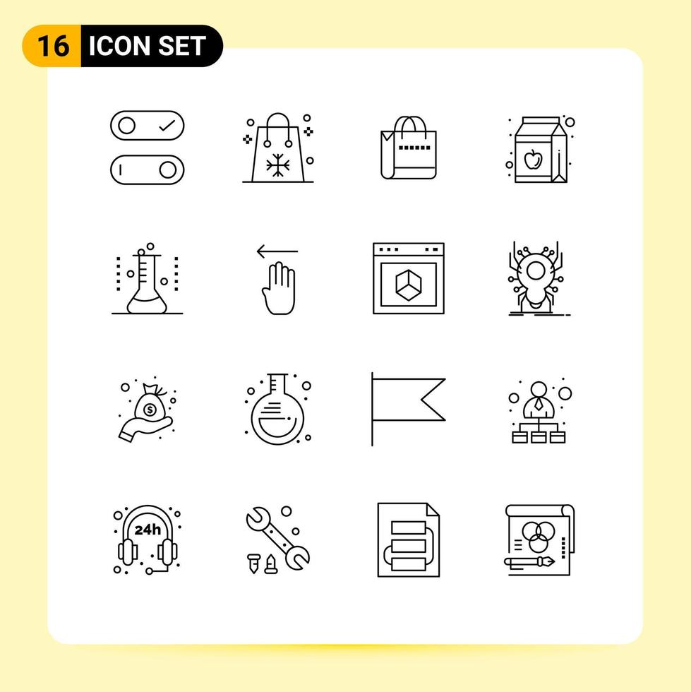 Set of 16 Vector Outlines on Grid for erlenmeyer flask bottle bag pack apple Editable Vector Design Elements