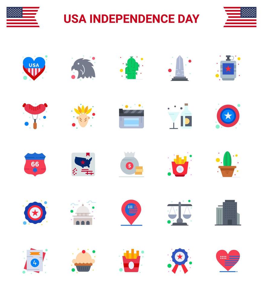 4th July USA Happy Independence Day Icon Symbols Group of 25 Modern Flats of drink washington flower usa monument Editable USA Day Vector Design Elements