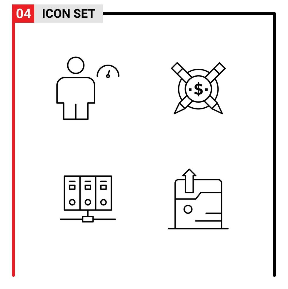 Mobile Interface Line Set of 4 Pictograms of avatar computer indicator articales server Editable Vector Design Elements