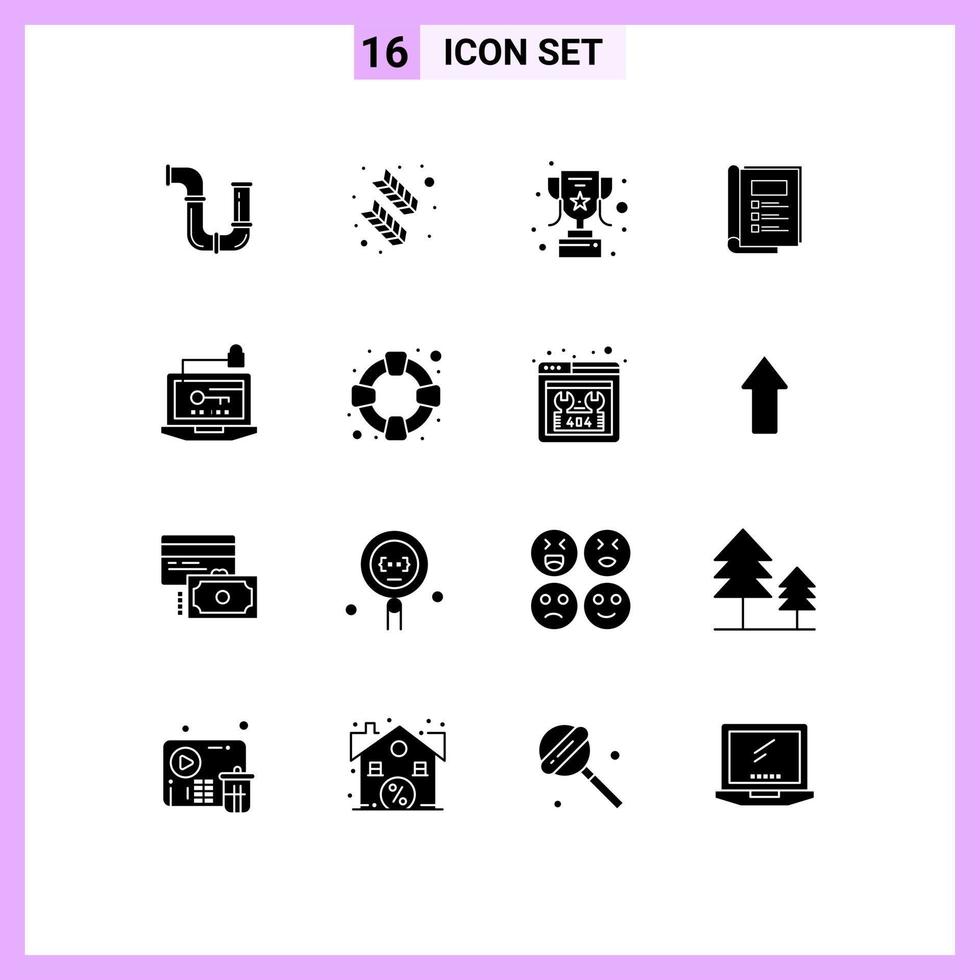 Pictogram Set of 16 Simple Solid Glyphs of computer report quinn feather layout book Editable Vector Design Elements