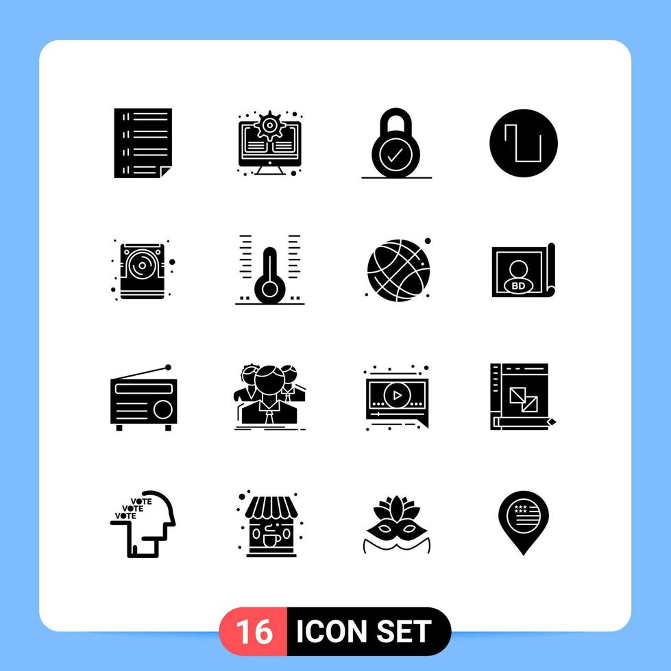 paquete de 16 signos y símbolos de glifos sólidos modernos para medios de impresión web, como elementos de diseño de vectores editables de sonido de onda de actualización de computadora de disco