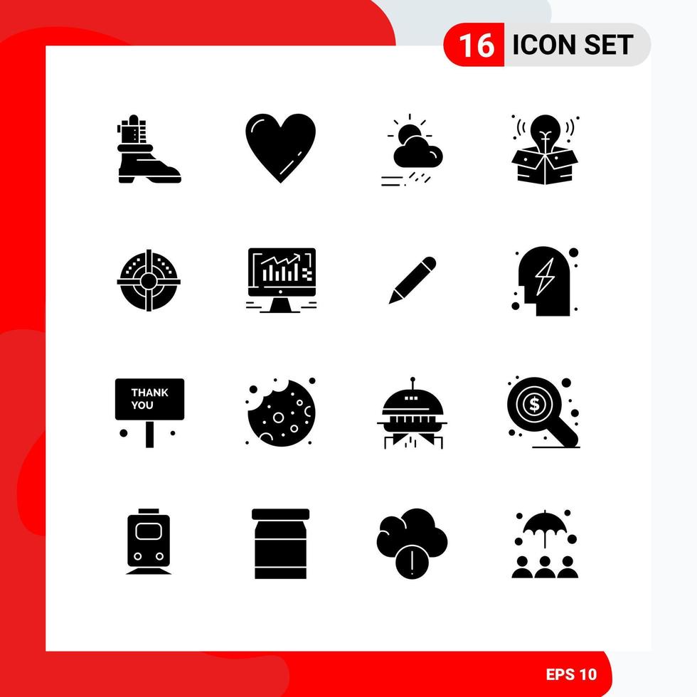 Modern Set of 16 Solid Glyphs Pictograph of point arrow rainy target process Editable Vector Design Elements