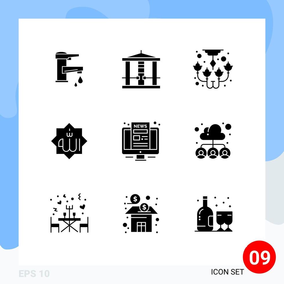 Pack of 9 Modern Solid Glyphs Signs and Symbols for Web Print Media such as god islam killer allah lamp Editable Vector Design Elements