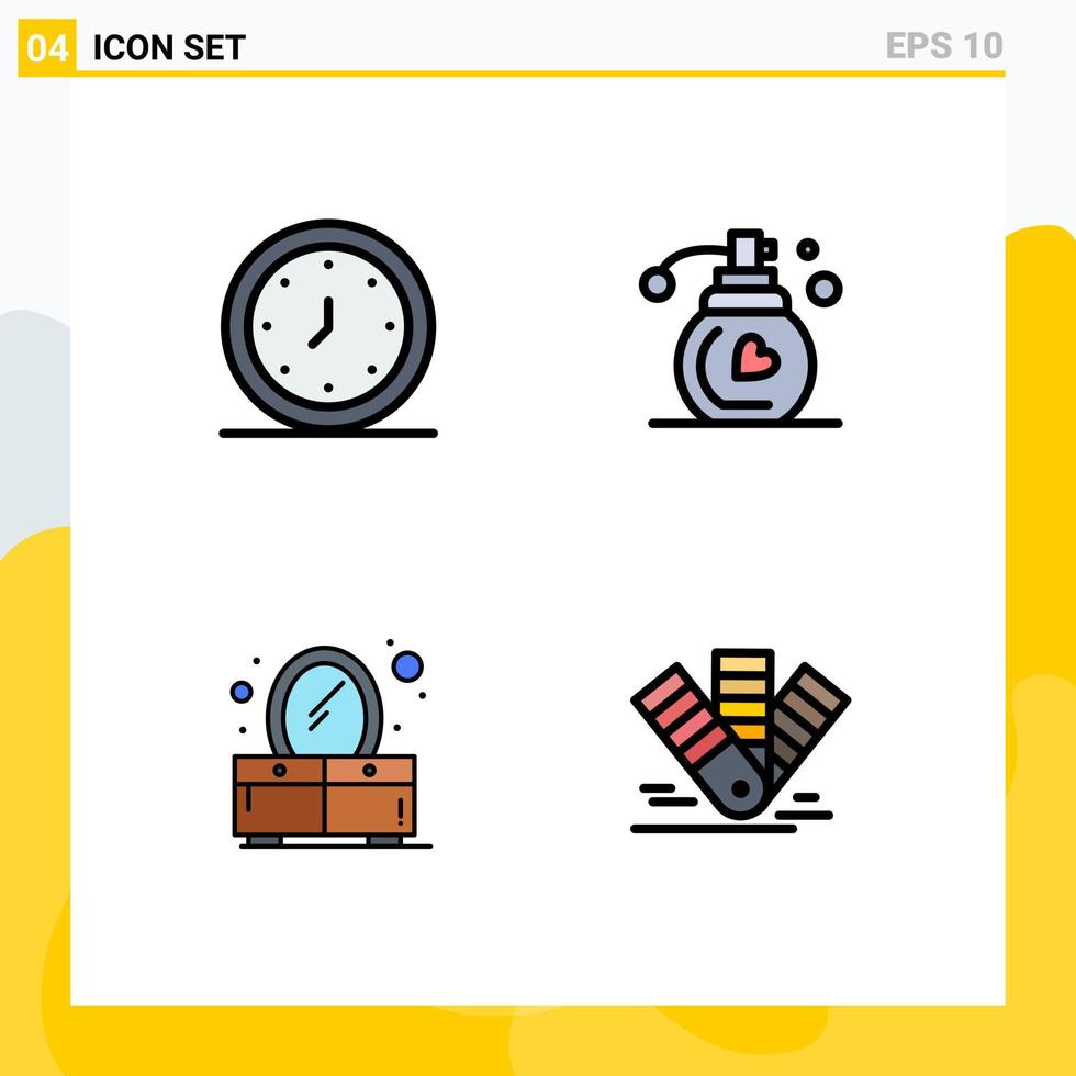 Group of 4 Filledline Flat Colors Signs and Symbols for alarm dresser time fragrance card Editable Vector Design Elements