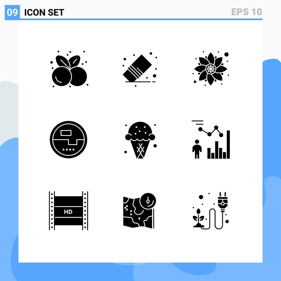 Group of 9 Modern Solid Glyphs Set for measuring electronics rubber construction and tools rangoli Editable Vector Design Elements