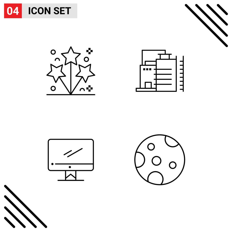 Modern Set of 4 Filledline Flat Colors Pictograph of firework monitor spark factory imac Editable Vector Design Elements