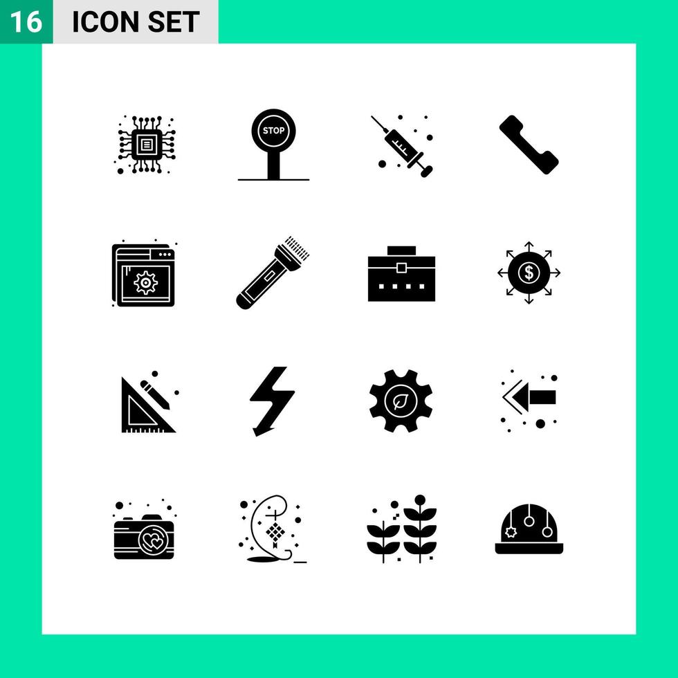 Modern Set of 16 Solid Glyphs Pictograph of light setting medicine page help Editable Vector Design Elements